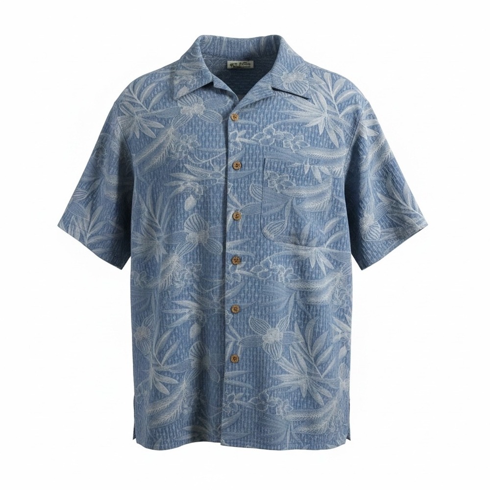 Banana Cabana Button Down Mens Large Blue Silk Tropical Floral Shirt Coconut